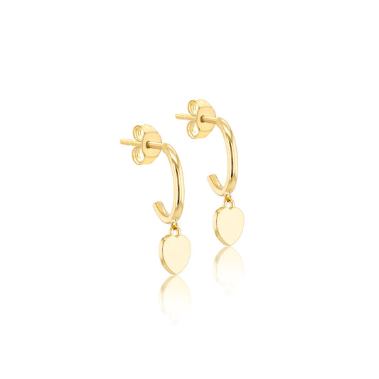 9k Yellow Gold Heart Hoop Drop Earrings