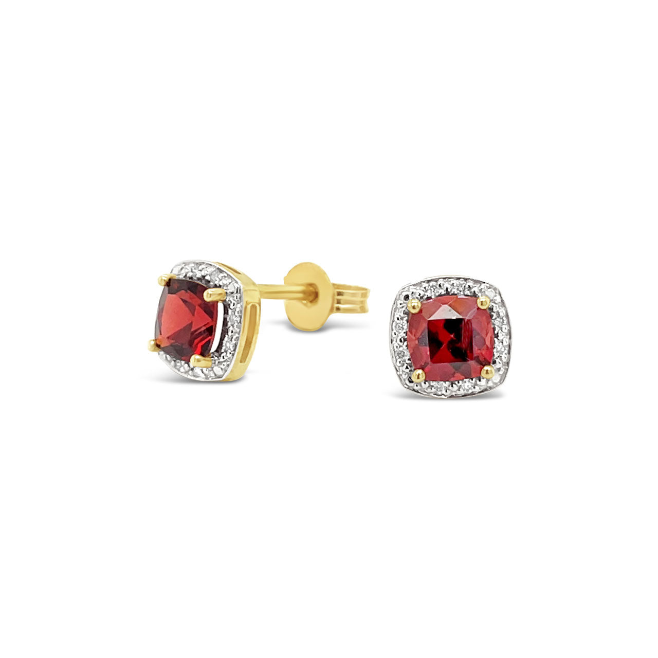 9k Yellow Gold Garnet & Diamond Halo Stud Earrings