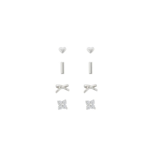 Silver Stack Pack of 4 Earrings - Hearts, Bows, Studs and Bars