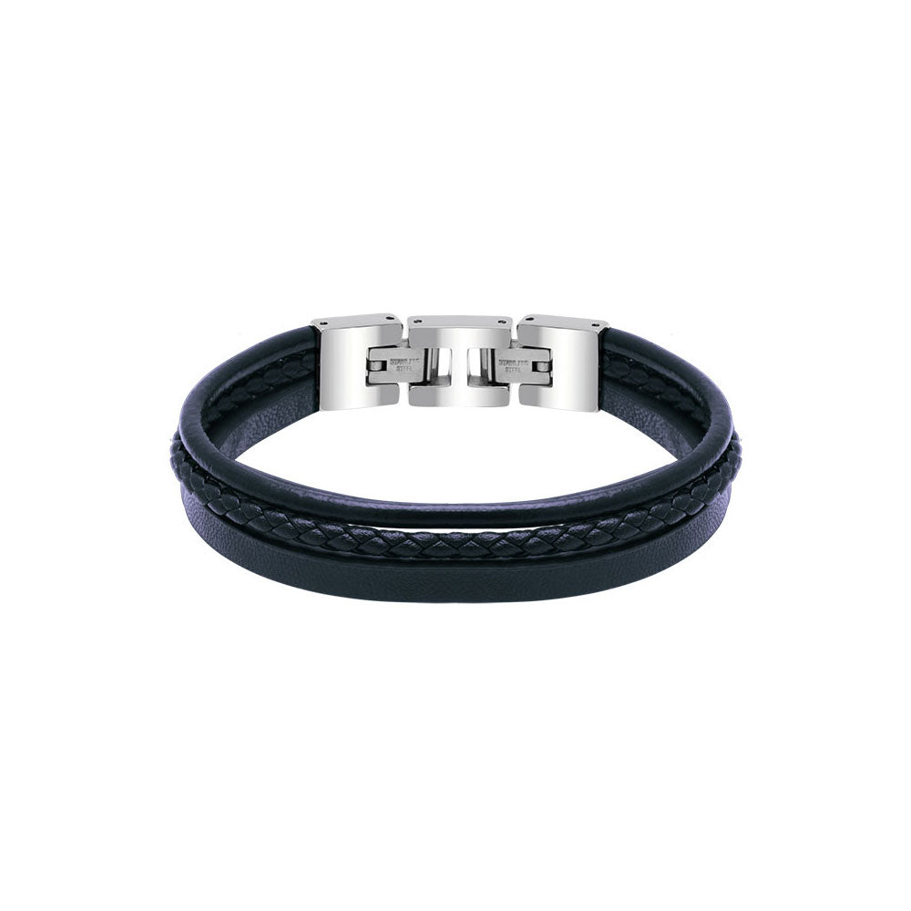 Polished Steel 3 Navy Blue Flat, Braided & Round Leather 21cm Bracelet