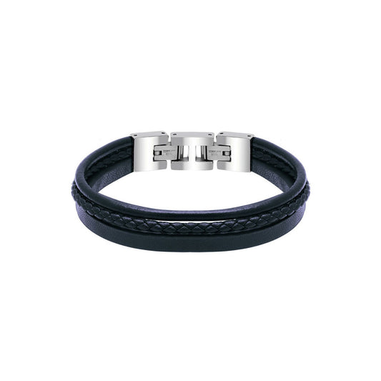 Polished Steel 3 Navy Blue Flat, Braided & Round Leather 21cm Bracelet