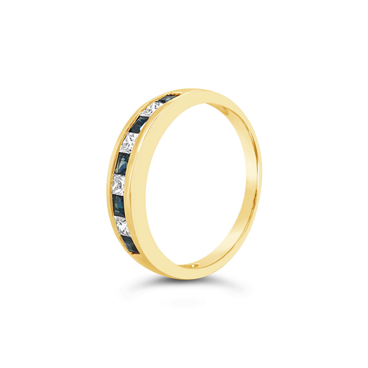 9k Yellow Gold Princess Cut Sapphire & Diamond Channel Set Anniversary Ring