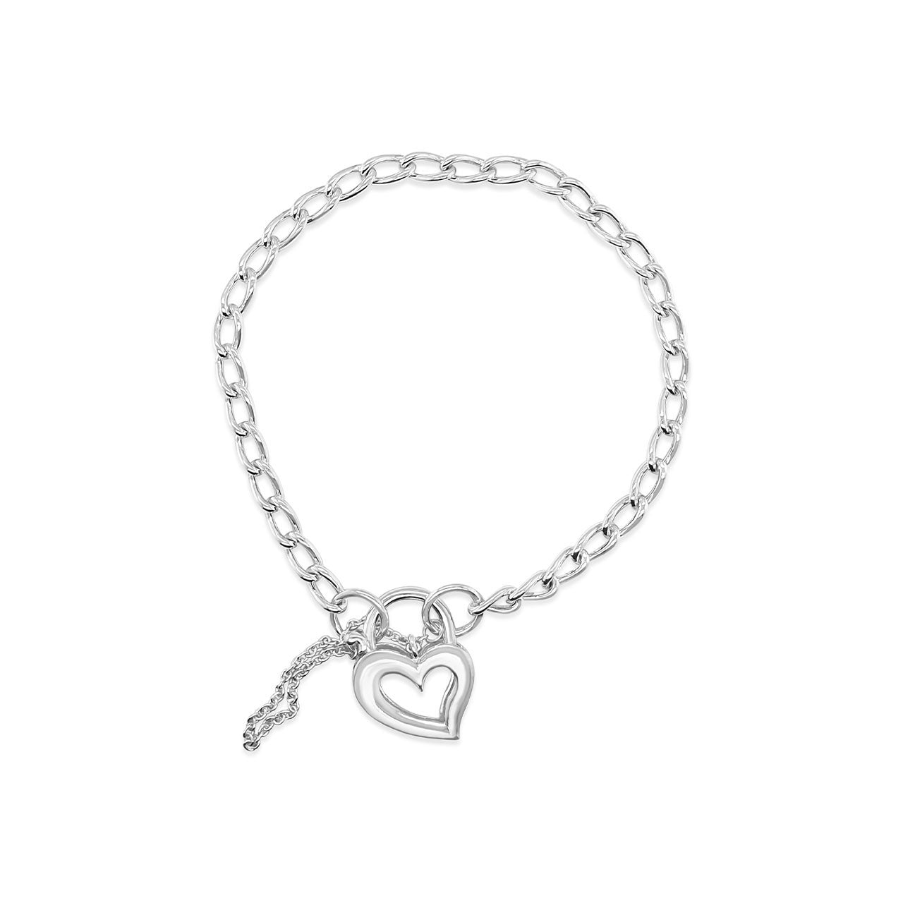 19cm Sterling Silver Long Curb with Open Heart Padlock Bracelet