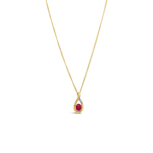 9k Yellow Gold Ruby & Diamond Drop Necklace
