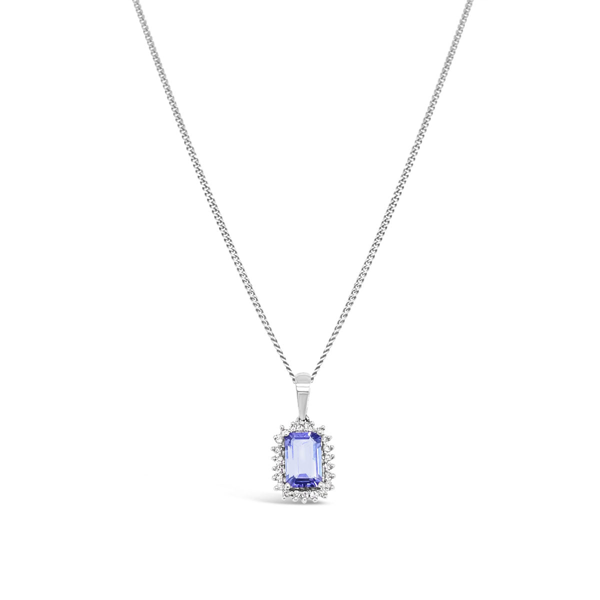 9k White Gold Emerald Cut Tanzanite & Diamond Halo Pendant