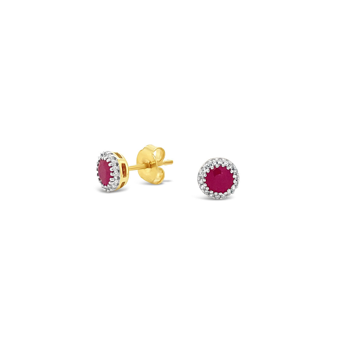9k Yellow Gold Ruby & Diamond Halo Stud Earrings