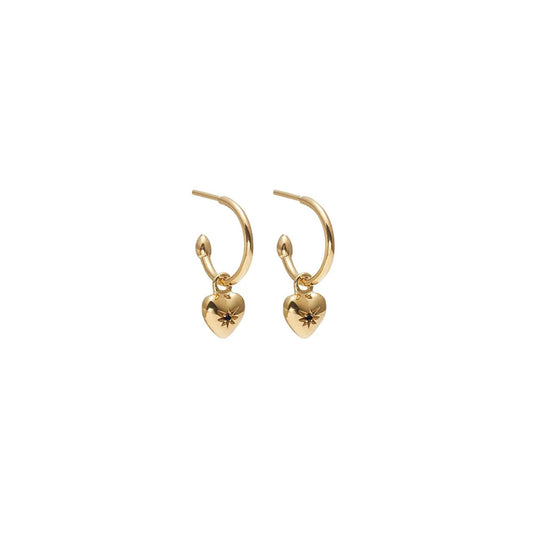 Petite Puffed Heart Hoops (Black Diamond/Gold)
