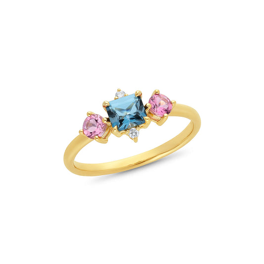 9k Yellow Gold London Blue Topaz, Pink Tourmaline & Lab Grown Diamond Dress Ring