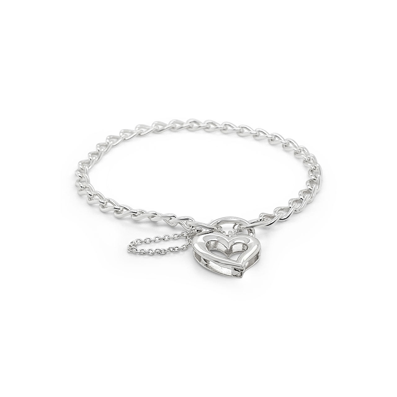 19cm Sterling Silver Long Curb with Open Heart Padlock Bracelet