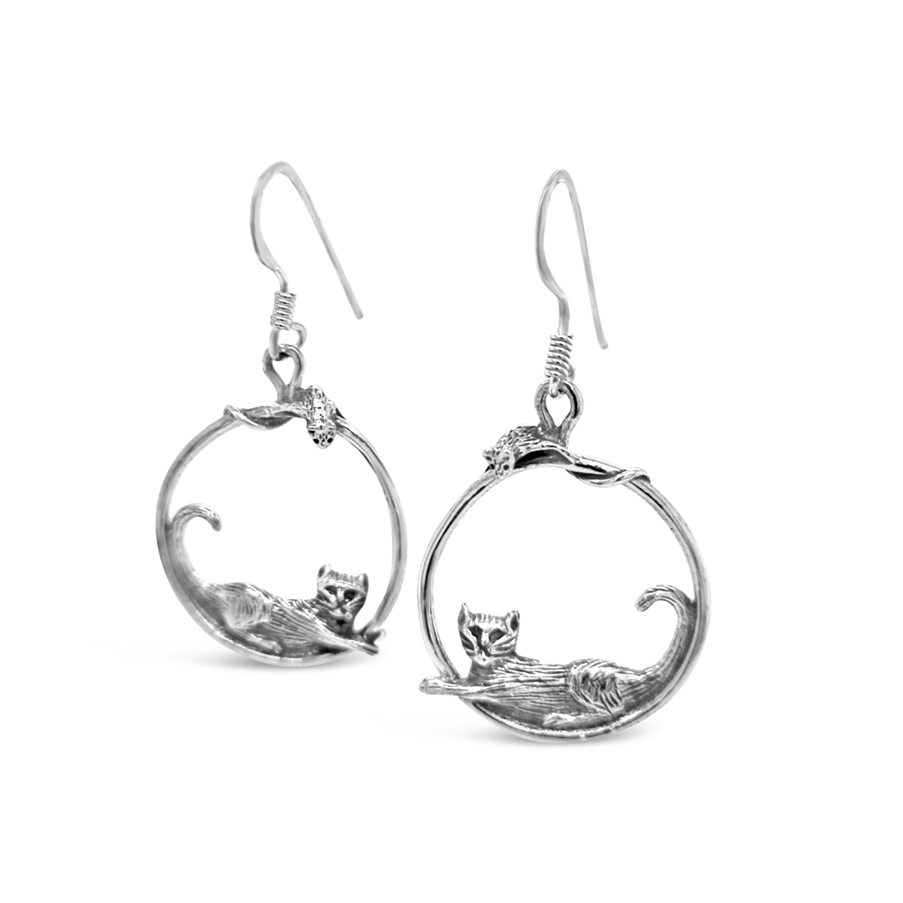 Sterling Silver Cat & Mouse Circle Drop Earrings