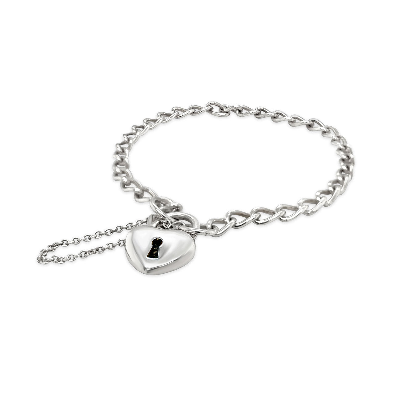 Sterling Silver Semi Puff Heart Lock Curb Chain 19cm Charm Bracelet