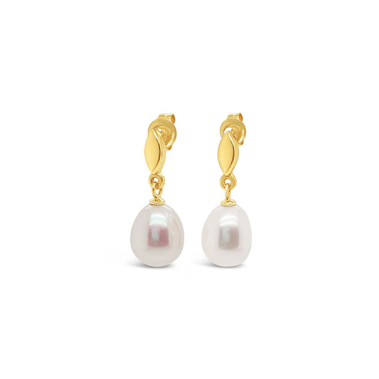 9k Yellow Gold 9.5-10mm White Fresh Water Pearl Drop Earrings