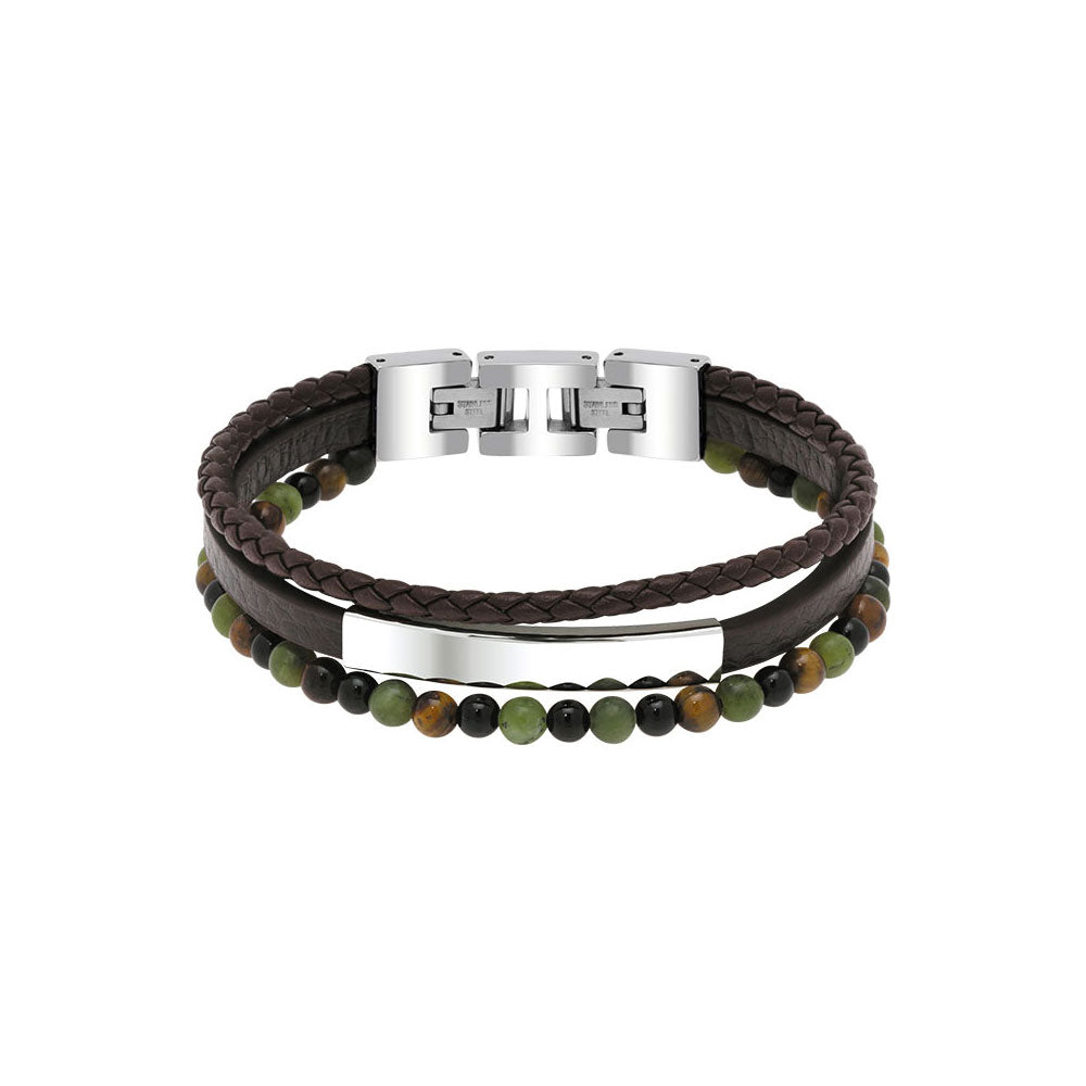 Stainless Steel & Brown Leather with Tigers Eye Bracelet