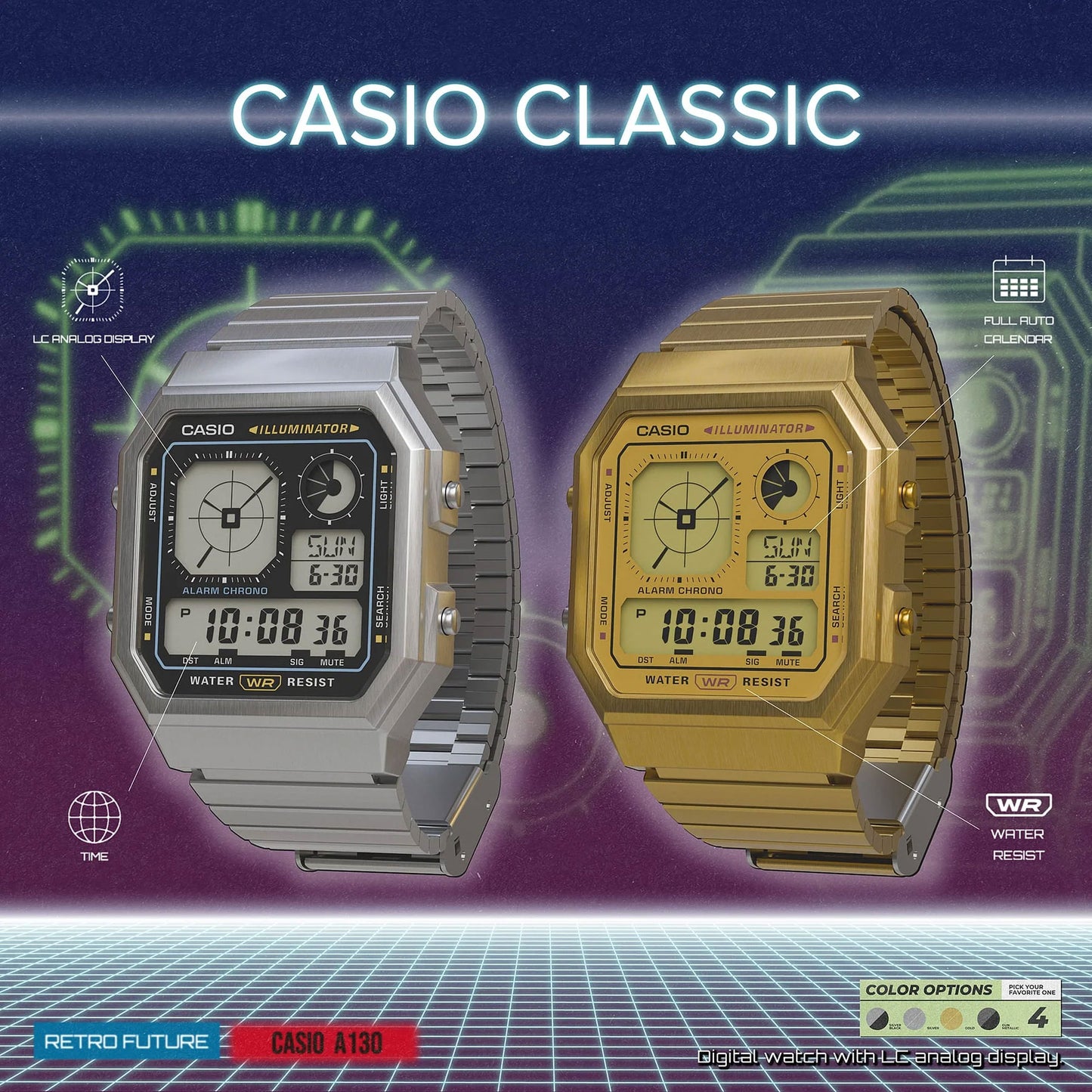 Casio Digital Vintage Gold Octagonal Watch - A130WEG-9A