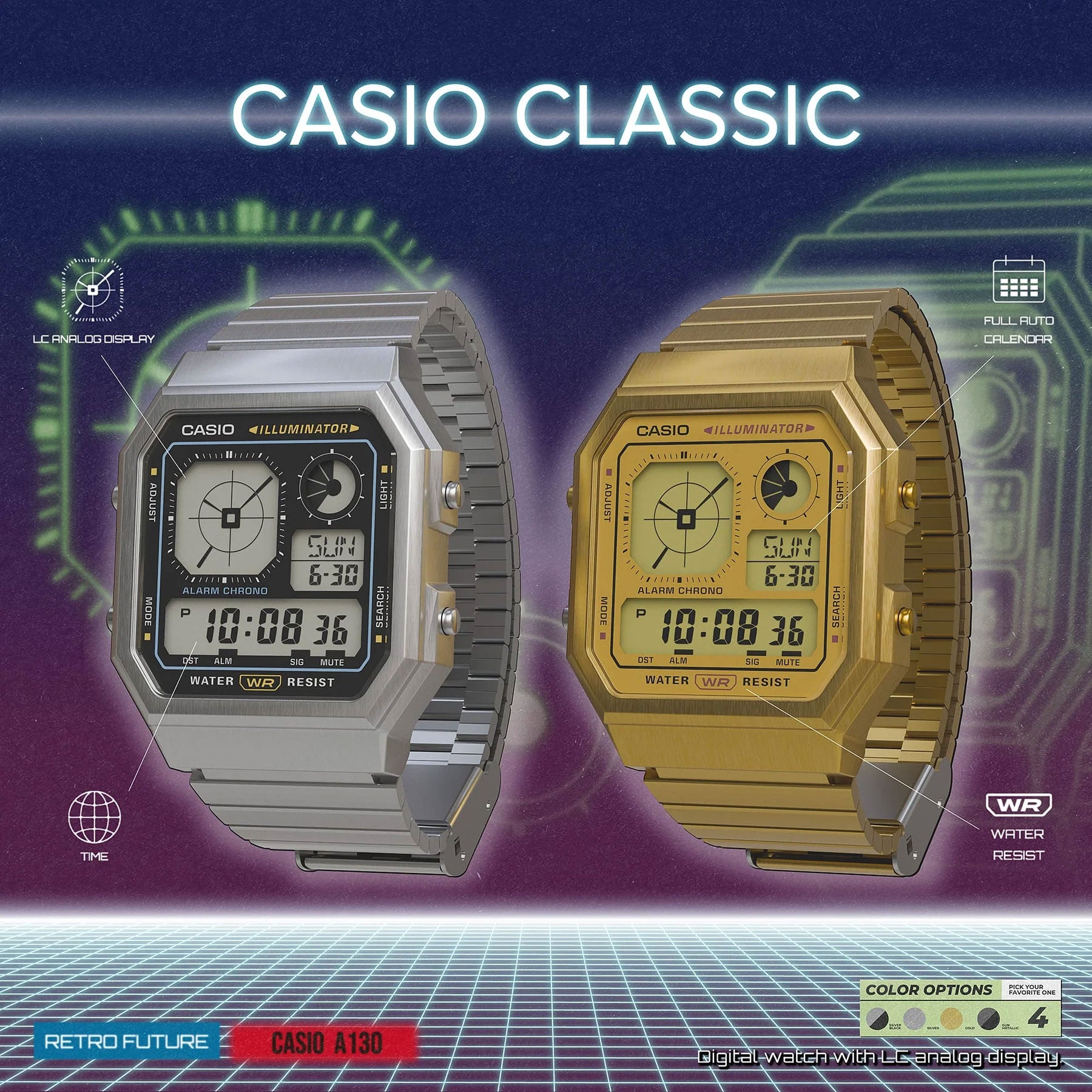 Casio Digital Vintage Gold Octagonal Watch - A130WEG-9A