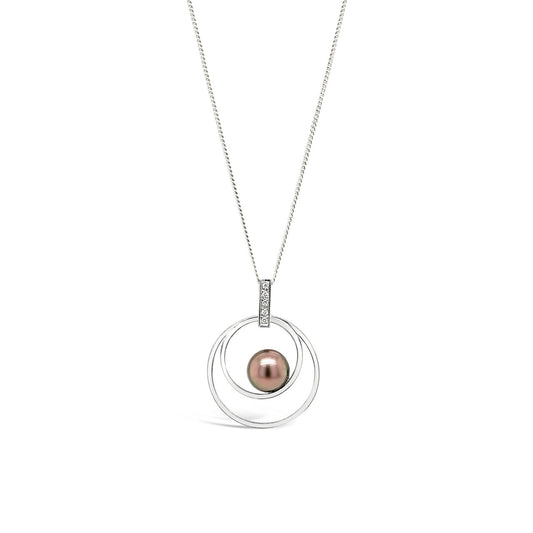 18k White Gold Tahitian Pearl & Diamond Double Circle Pendant