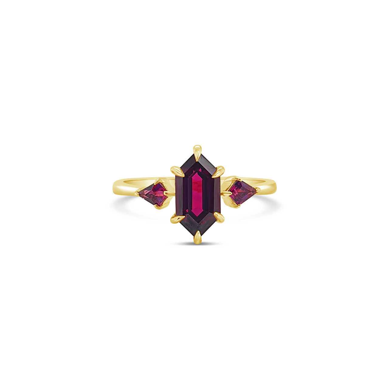 9k Yellow Gold Rhodolite Garnet 3 Stone Ring