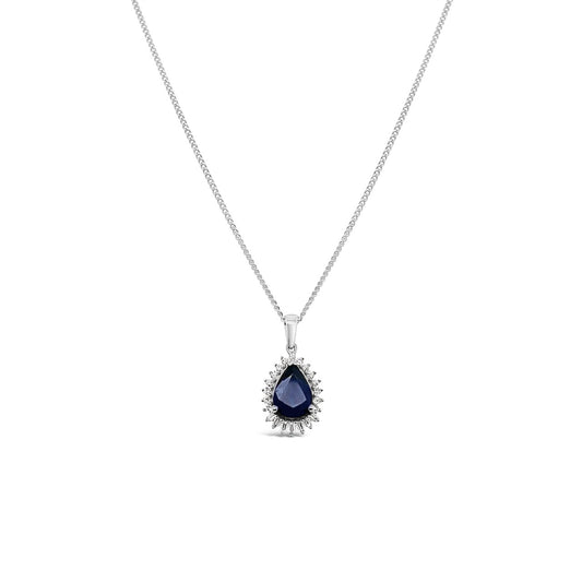 9k White Gold Pear Shaped Sapphire & Diamond Pendant