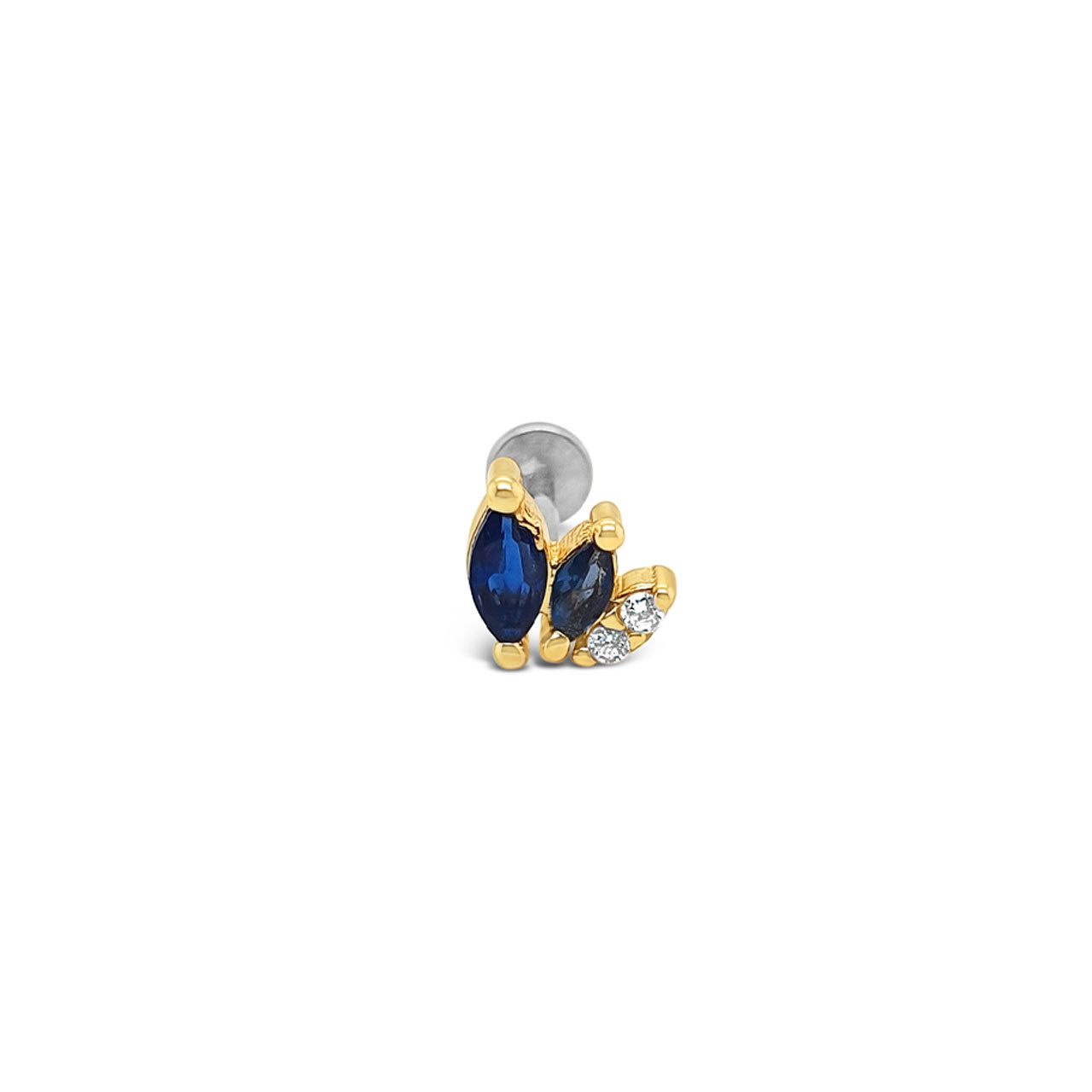 Sterling Silver Gold Plated Blue CZ Single Flat Back Stud Earring