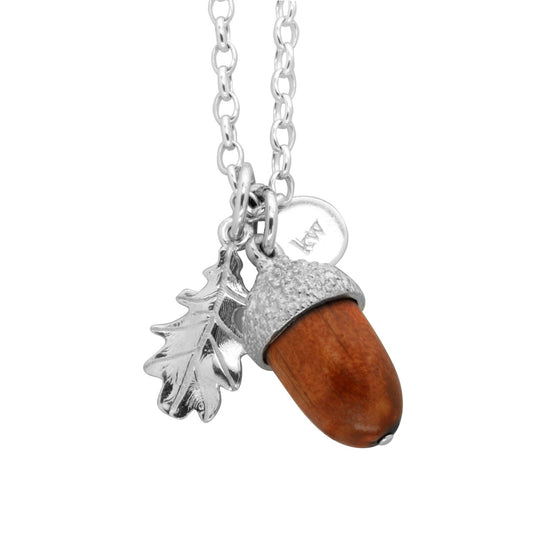 Sterling Silver Acorn & Leaf Pendant with Wood