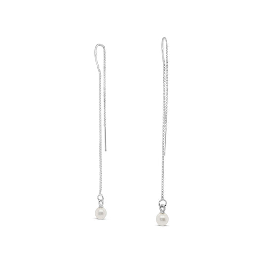 4mm Sterling Silver White Round Pearl Thread Earrings