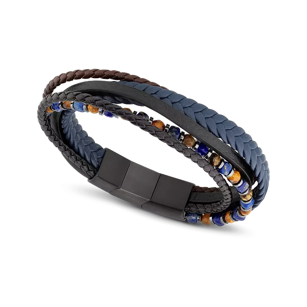 Rochet - Mens Brown & Blue Leather & Bead Bracelet