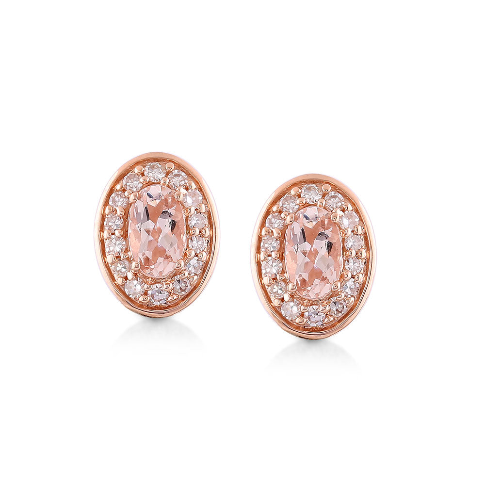 9k Rose Gold Oval Morganite & Diamond Cluster Stud Earrings
