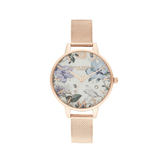 Bejewelled Florals Silver Glitter Dial & Rose Gold Mesh Watch