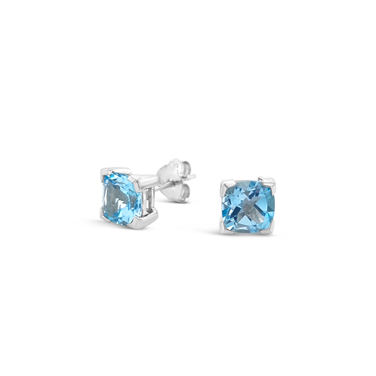 9k White Gold Blue Topaz 6mm Cushion Cut Stud Earrings