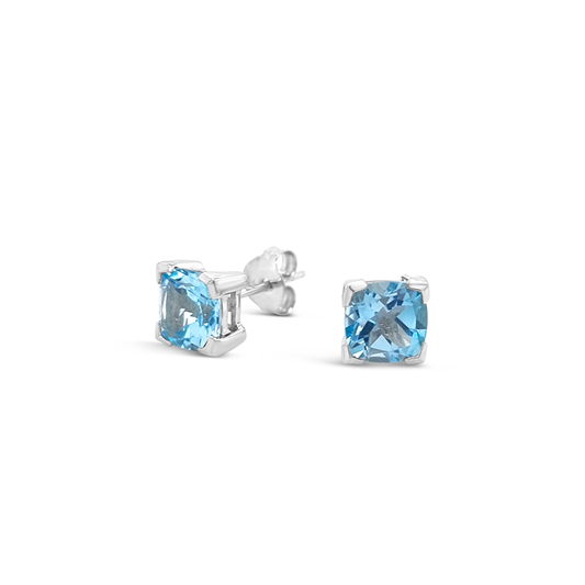 9k White Gold Blue Topaz 6mm Cushion Cut Stud Earrings