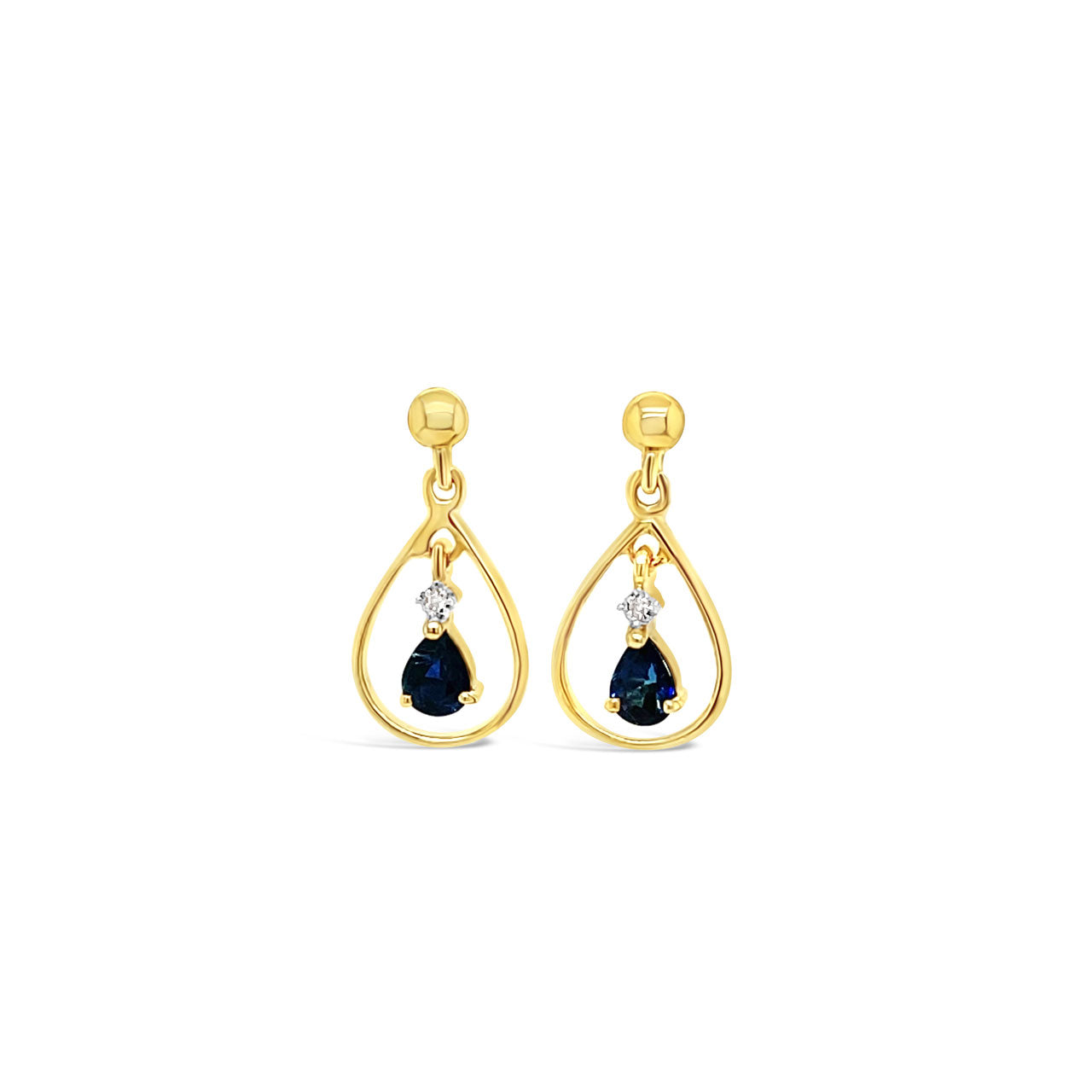 9k Yellow Gold Pear Shape Sapphire & Diamond Drop Earrings