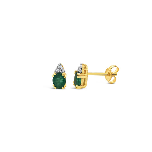 9k Yellow Gold Oval Emerald & Diamond Stud Earrings