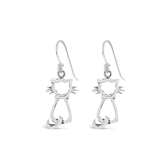 Sterling Silver Small Outline Sitting Cat Drop Earrings