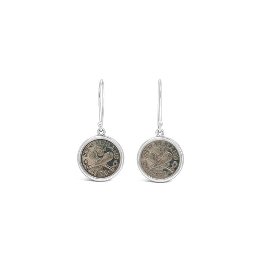 Sterling Silver Plain Wire Framed NZ Thruppence Hook Earrings