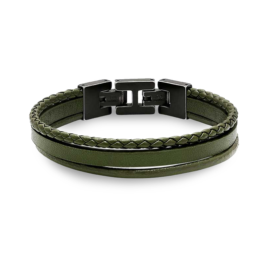 Polished Steel 3 Olive Flat, Braided & Round Leather 21cm Bracelet