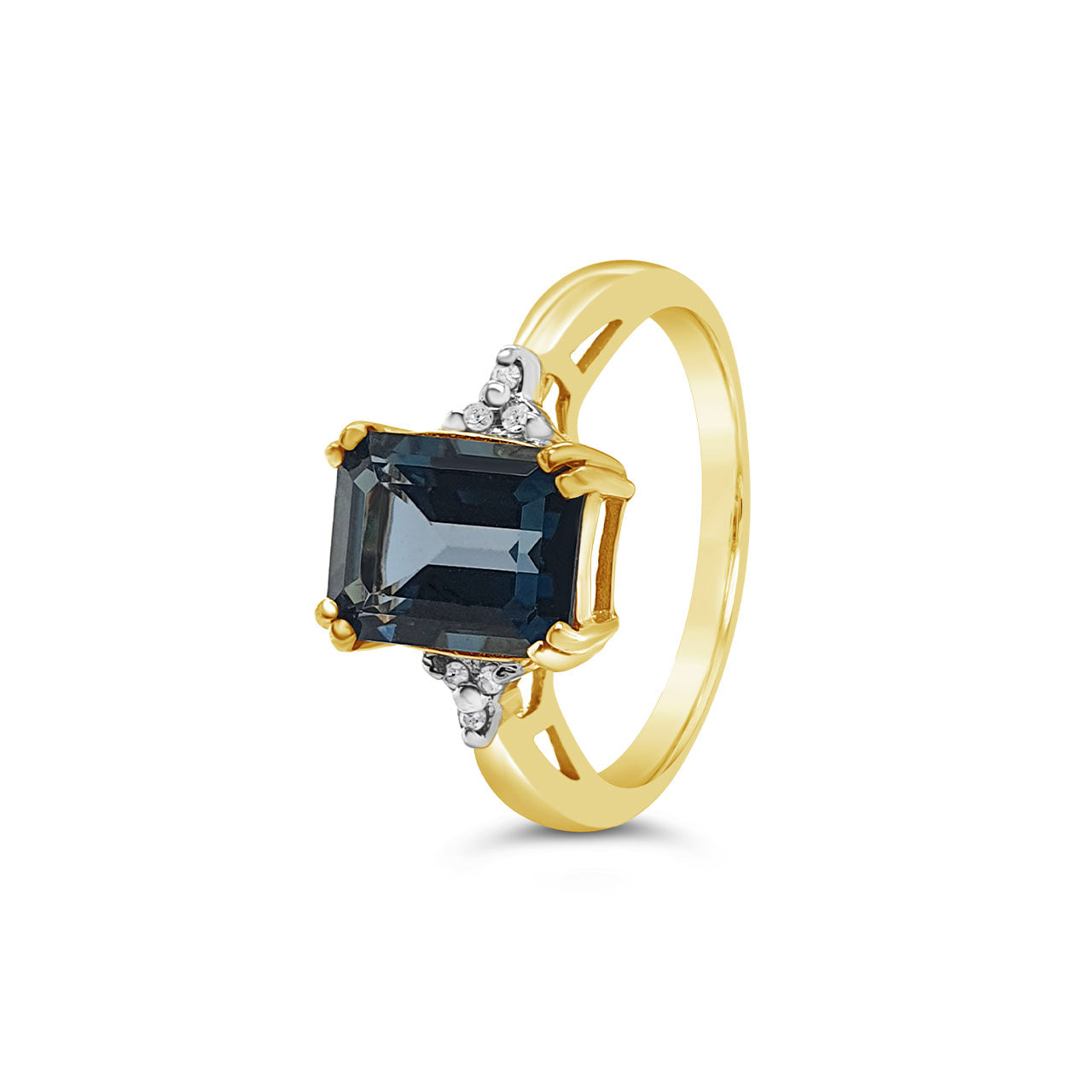 9k Yellow Gold Blue Topaz & Diamond Emerald Cut Dress Ring