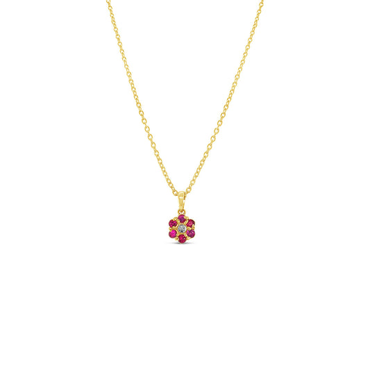 9k Yellow Gold Ruby & Diamond Flower Cluster Pendant