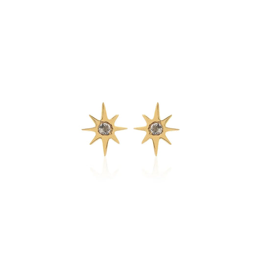 Superfine Star Stud Earrings Gold + White Topaz