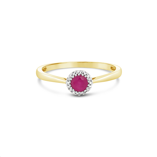 9k Yellow Gold Ruby & Diamond Halo Ring