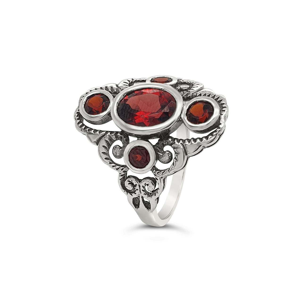 Sterling Silver Garnet Antique Style Ring - Size Q