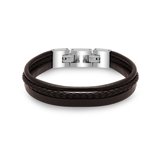 Polished Steel 3 Brown Flat, Braided & Round Leather 21cm Bracelet