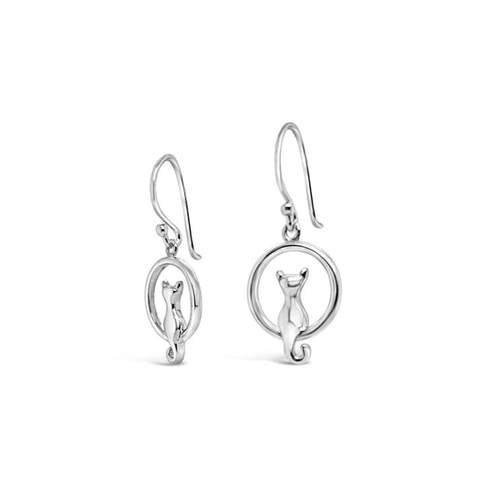 Sterling Silver Drop Cat in a Crescent Hook Earrings