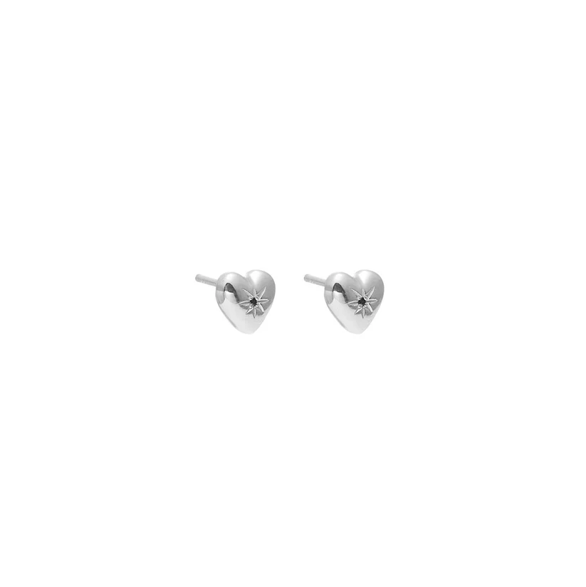 Petite Puffed Heart Stud Earrings Black Diamond + Silver