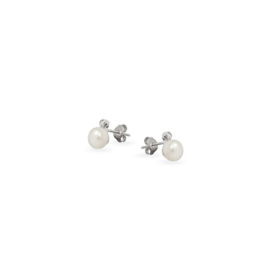 Sterling Silver 7mm White Fresh Water Pearl & CZ Stud Earrings