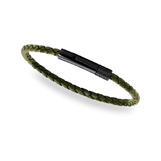 Rochet - Mens Stainless Steel Green Braided Leather Bracelet