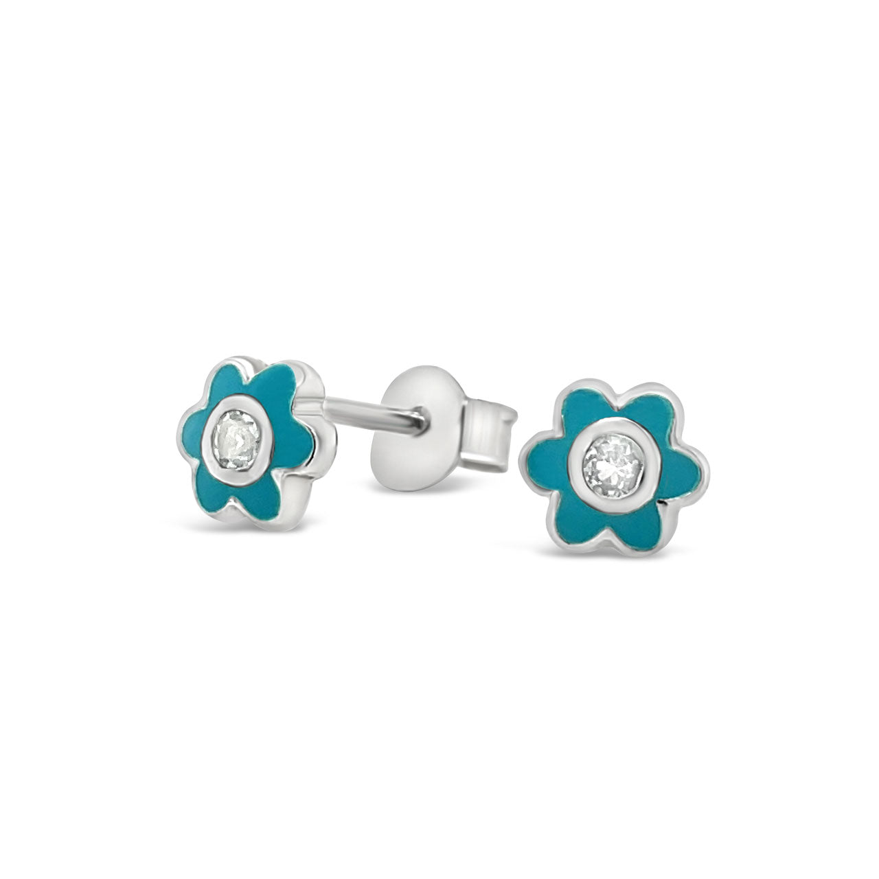 Sterling Silver Blue Enamel Flower Stud Earrings