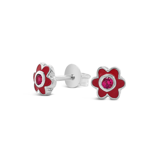 Sterling Silver Red Enamel Flower Stud Earrings