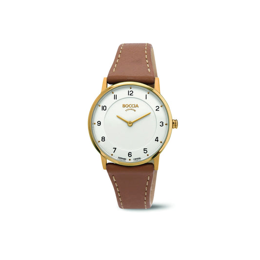 3254-02 - Ladies Gold Titanium Watch with Brown Leather Strap