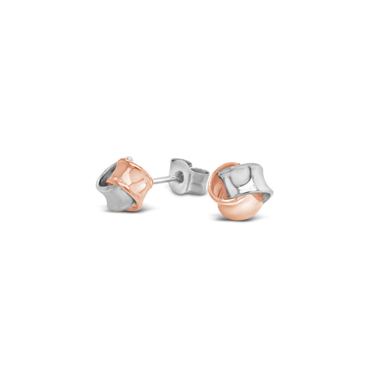 9k Rose Gold & Sterling Silver 2 Fold Medium Knot Stud Earrings