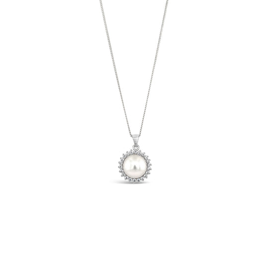 Sterling Silver & CZ White Button Fresh Water Pearl Necklace